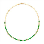 Luxurious 14K yellow gold tennis necklace featuring 23.59ct of beautifully matched emerald-cut Tsavorite garnets in a bold bezel setting, with a 16-inch length and total weight of 24.56g.