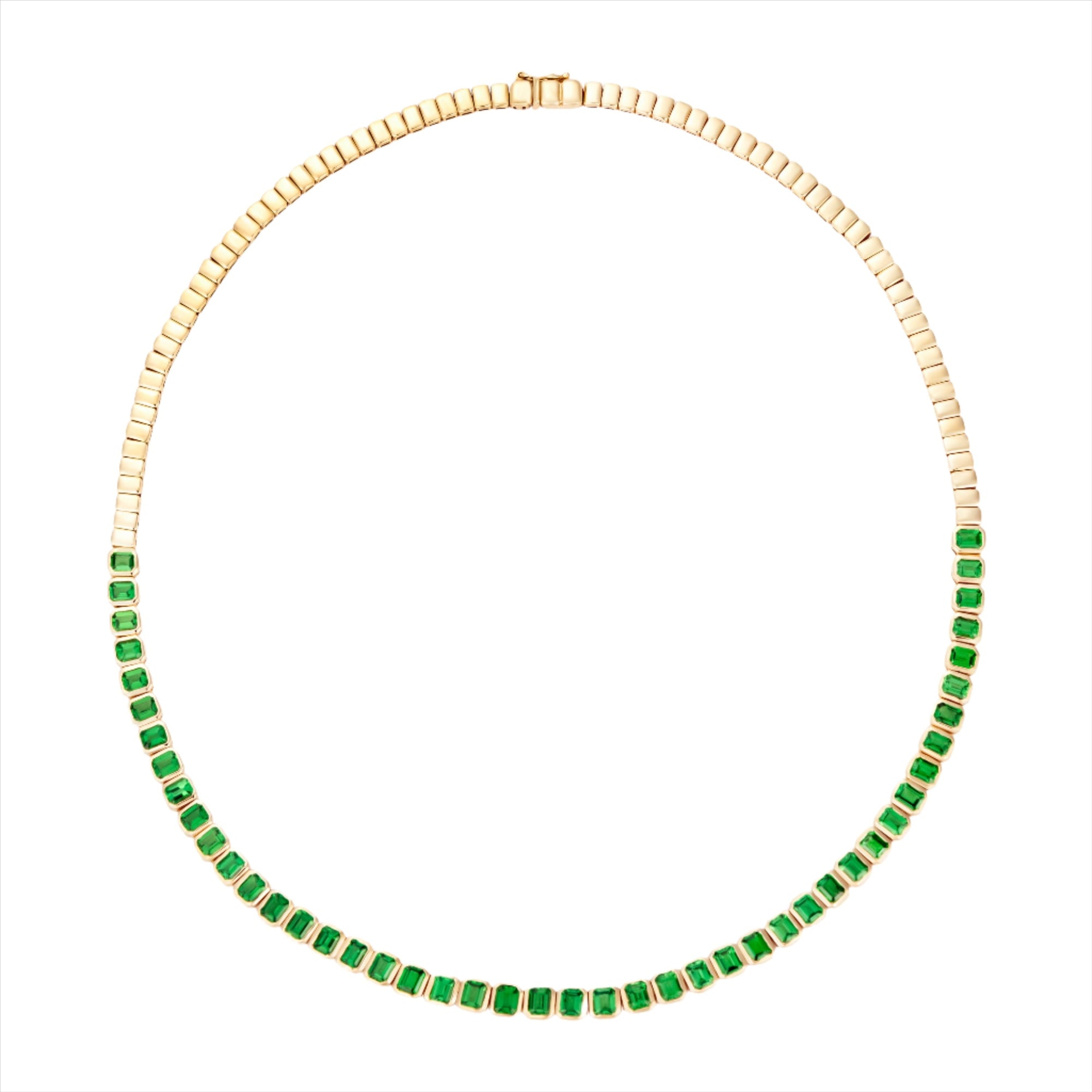 Luxurious 14K yellow gold tennis necklace featuring 23.59ct of beautifully matched emerald-cut Tsavorite garnets in a bold bezel setting, with a 16-inch length and total weight of 24.56g.