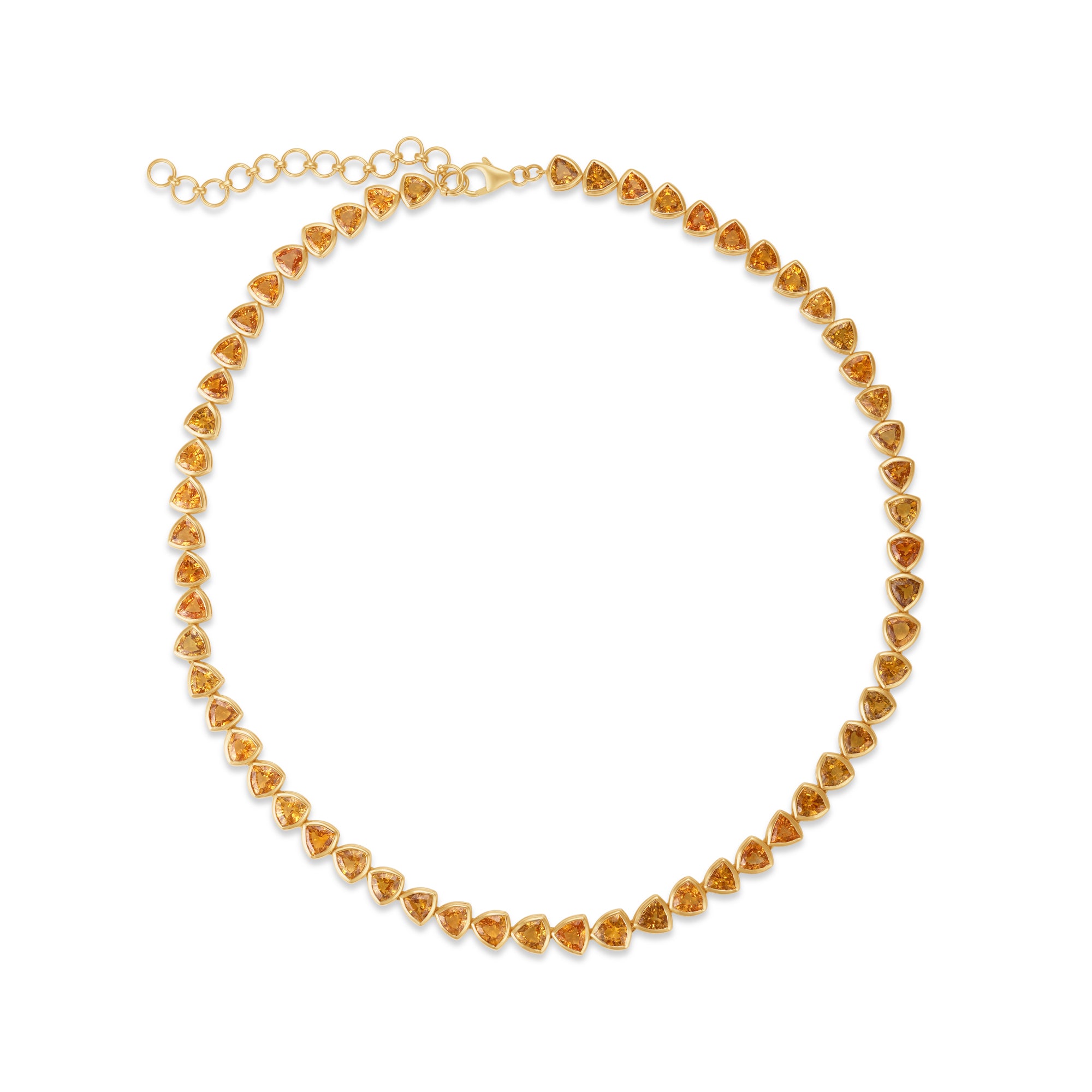 Elegant 14K gold tennis necklace featuring vibrant bezel-set and trillion-cut goldenrod orange sapphires, offering a modern twist on a timeless design with luxurious flair.