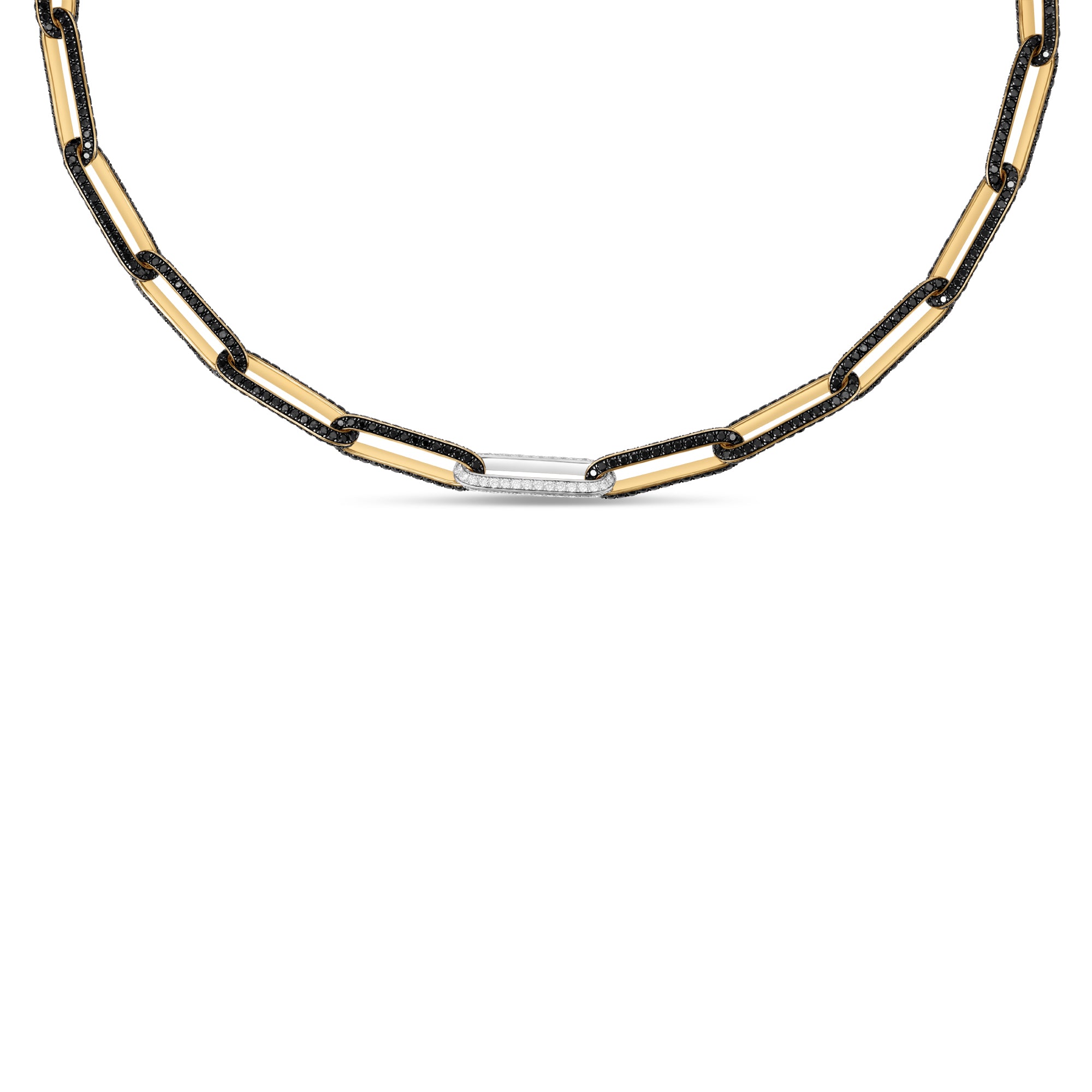 old black diamond paperclip chain necklace featuring sleek 14K yellow gold links, accented with black diamonds and a single white gold and diamond accent link, embodying modern luxury. Close up. 