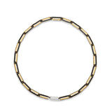 old black diamond paperclip chain necklace featuring sleek 14K yellow gold links, accented with black diamonds and a single white gold and diamond accent link, embodying modern luxury. Full view. 