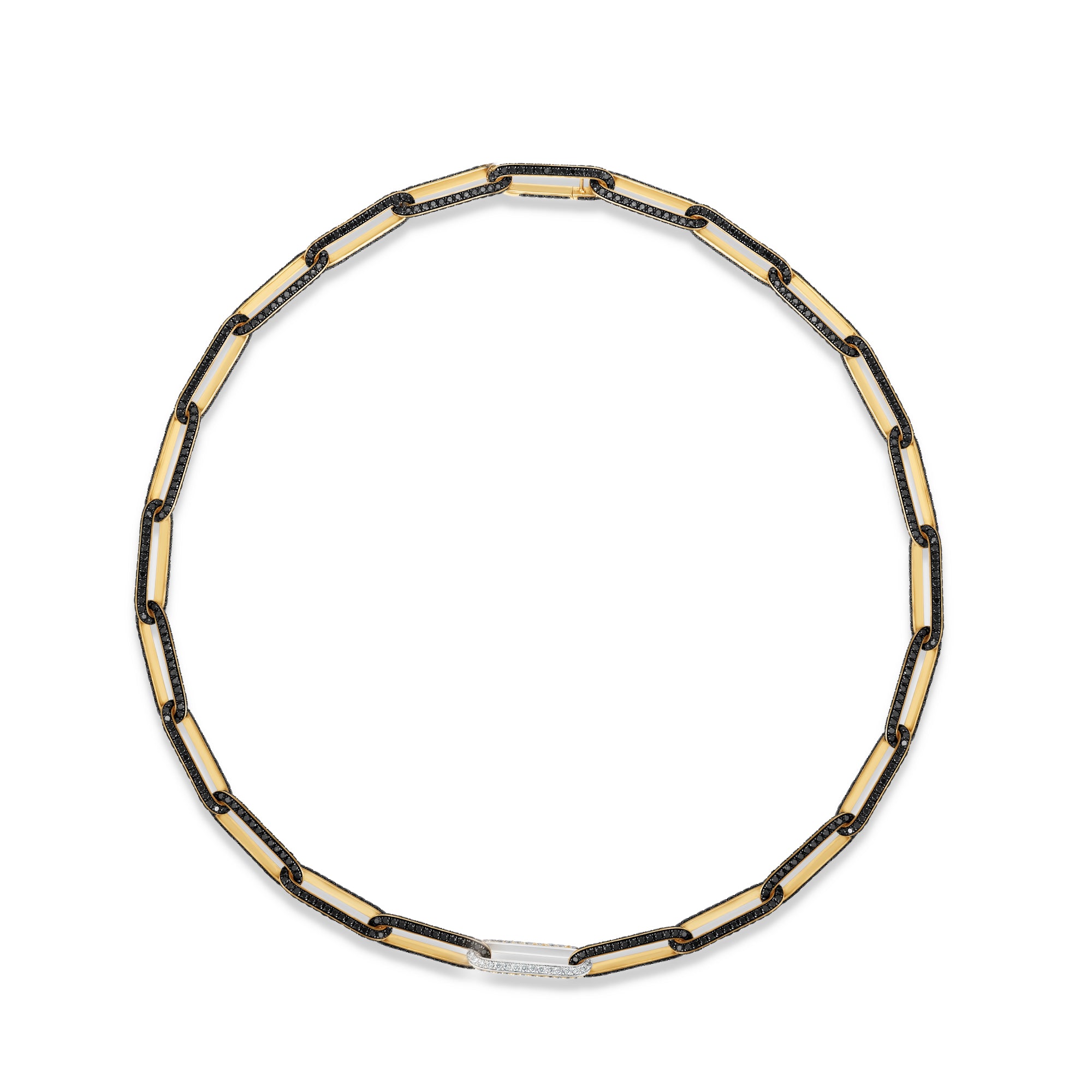 old black diamond paperclip chain necklace featuring sleek 14K yellow gold links, accented with black diamonds and a single white gold and diamond accent link, embodying modern luxury. Full view. 
