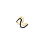 Striking 14K yellow gold wave ring featuring a bold double-wave design, accented with captivating black diamonds and sleek black rhodium details for modern elegance. Side angle, close up.  Front view, close up. 