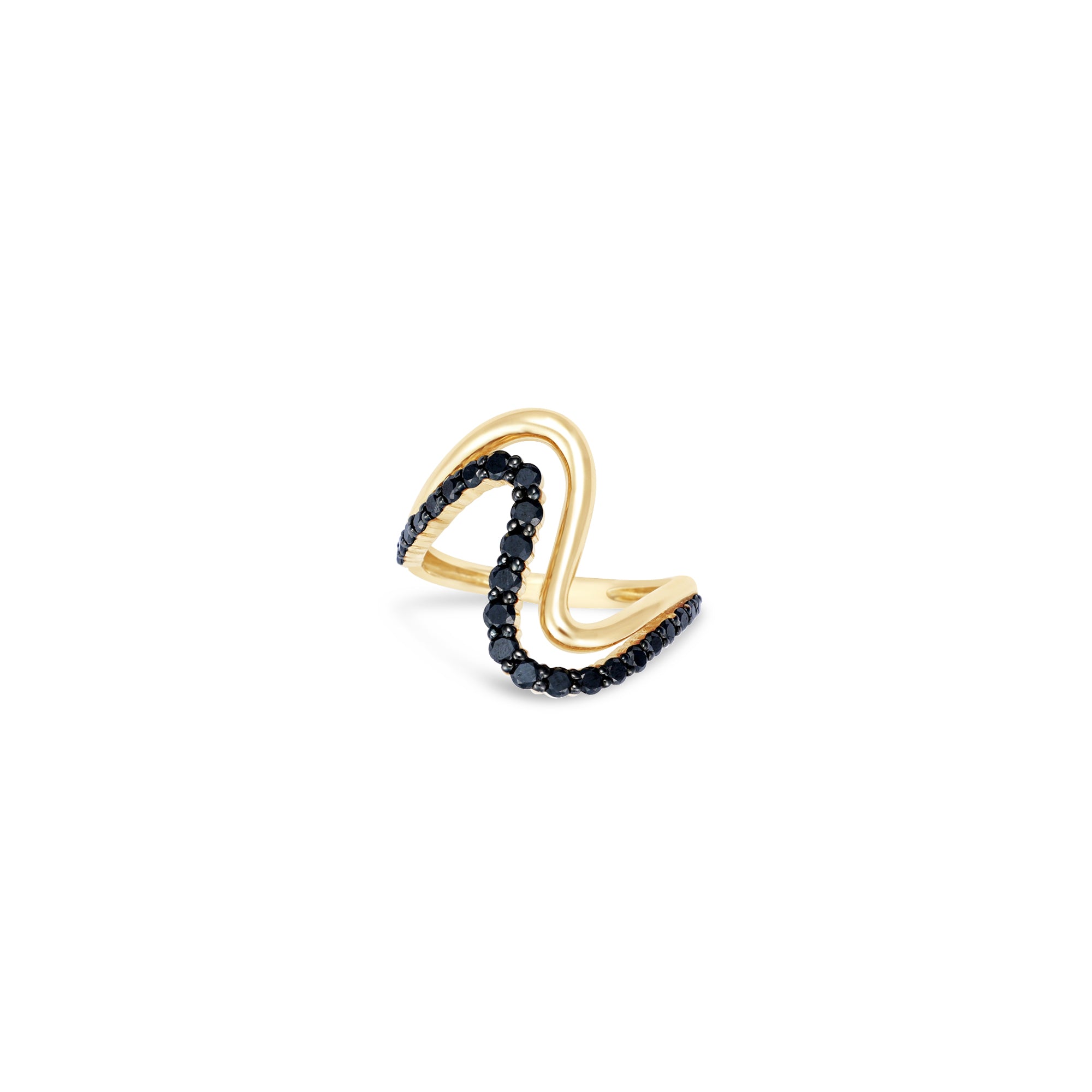 Striking 14K yellow gold wave ring featuring a bold double-wave design, accented with captivating black diamonds and sleek black rhodium details for modern elegance. Side angle, close up.  Front view, close up. 