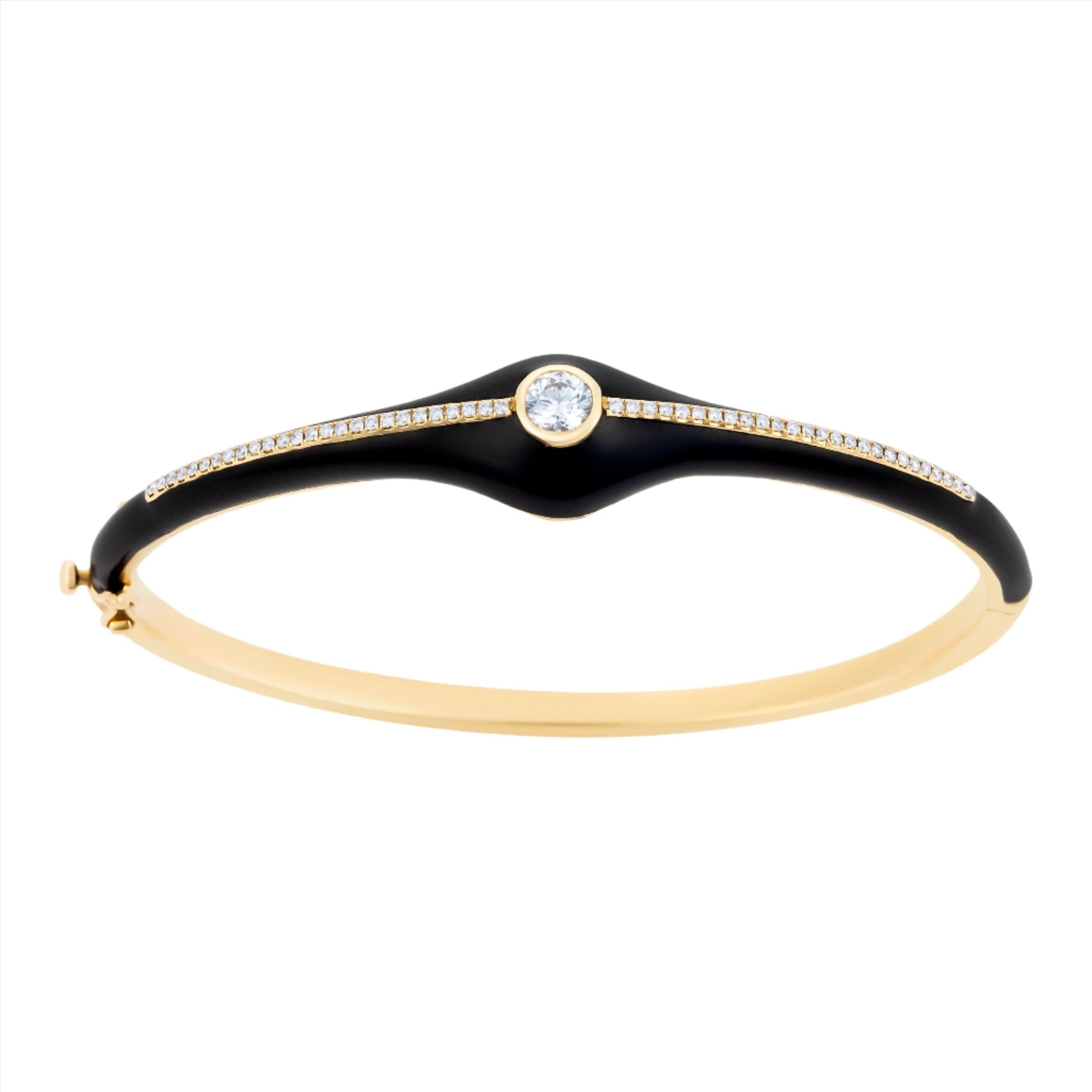 Art Deco-inspired bangle in 14K yellow gold, featuring sleek black enamel detailing and 0.48ct of sparkling diamonds. Total weight: 14.45g—an elegant blend of vintage glamour and modern edge.