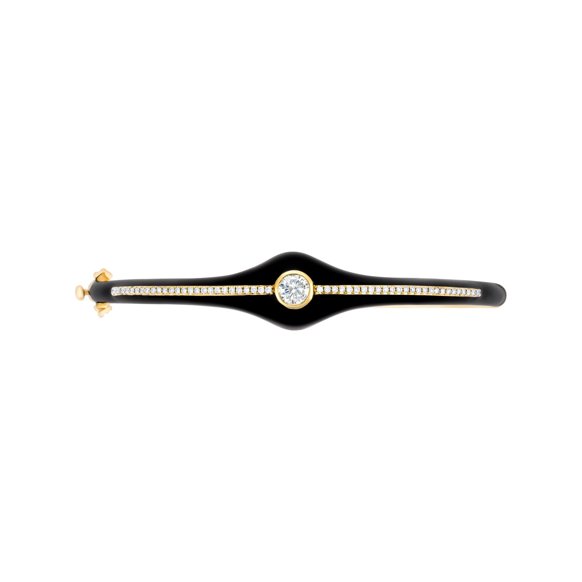 Art Deco-inspired bangle in 14K yellow gold, featuring sleek black enamel detailing and 0.48ct of sparkling diamonds. Total weight: 14.45g—an elegant blend of vintage glamour and modern edge.