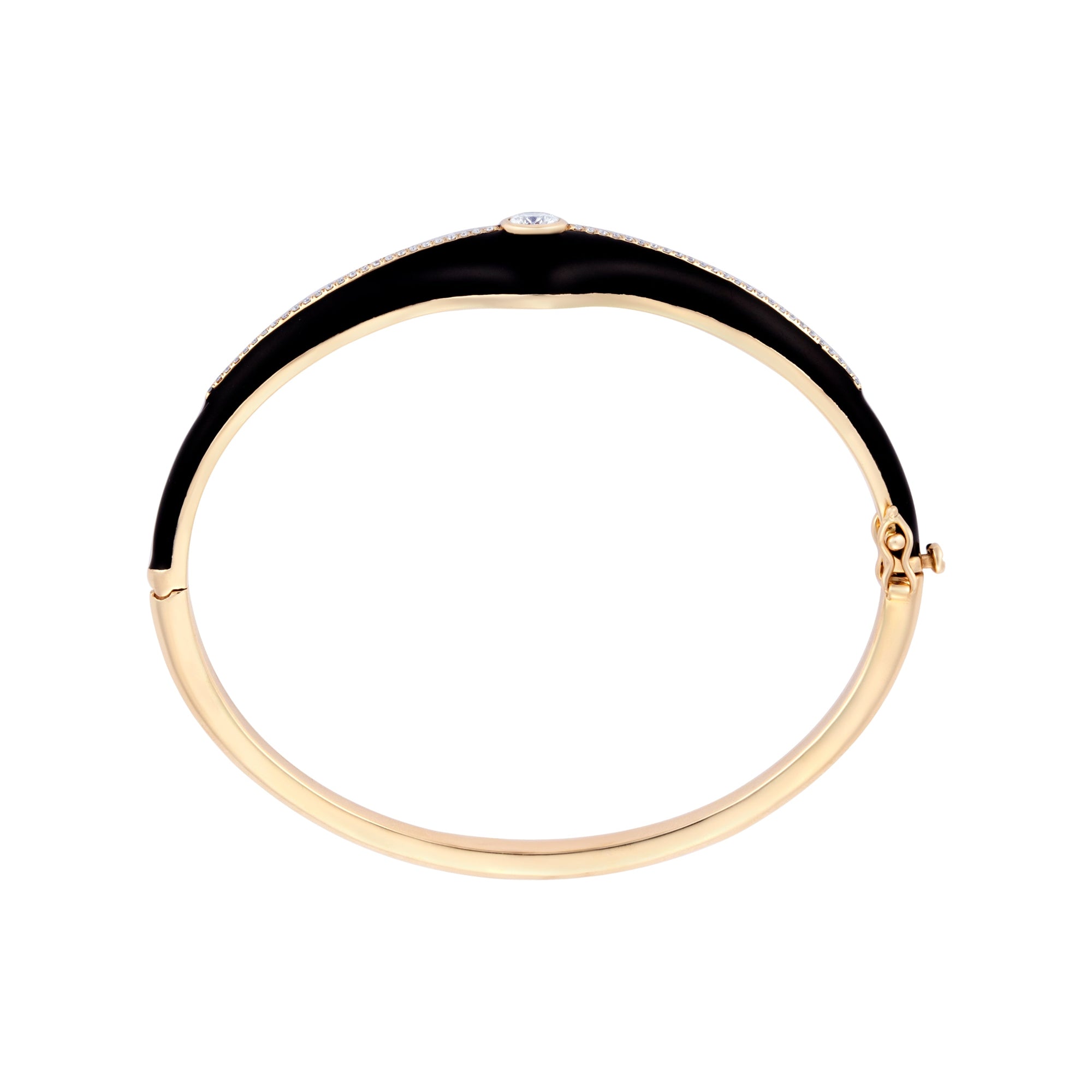 Art Deco-inspired bangle in 14K yellow gold, featuring sleek black enamel detailing and 0.48ct of sparkling diamonds. Total weight: 14.45g—an elegant blend of vintage glamour and modern edge.