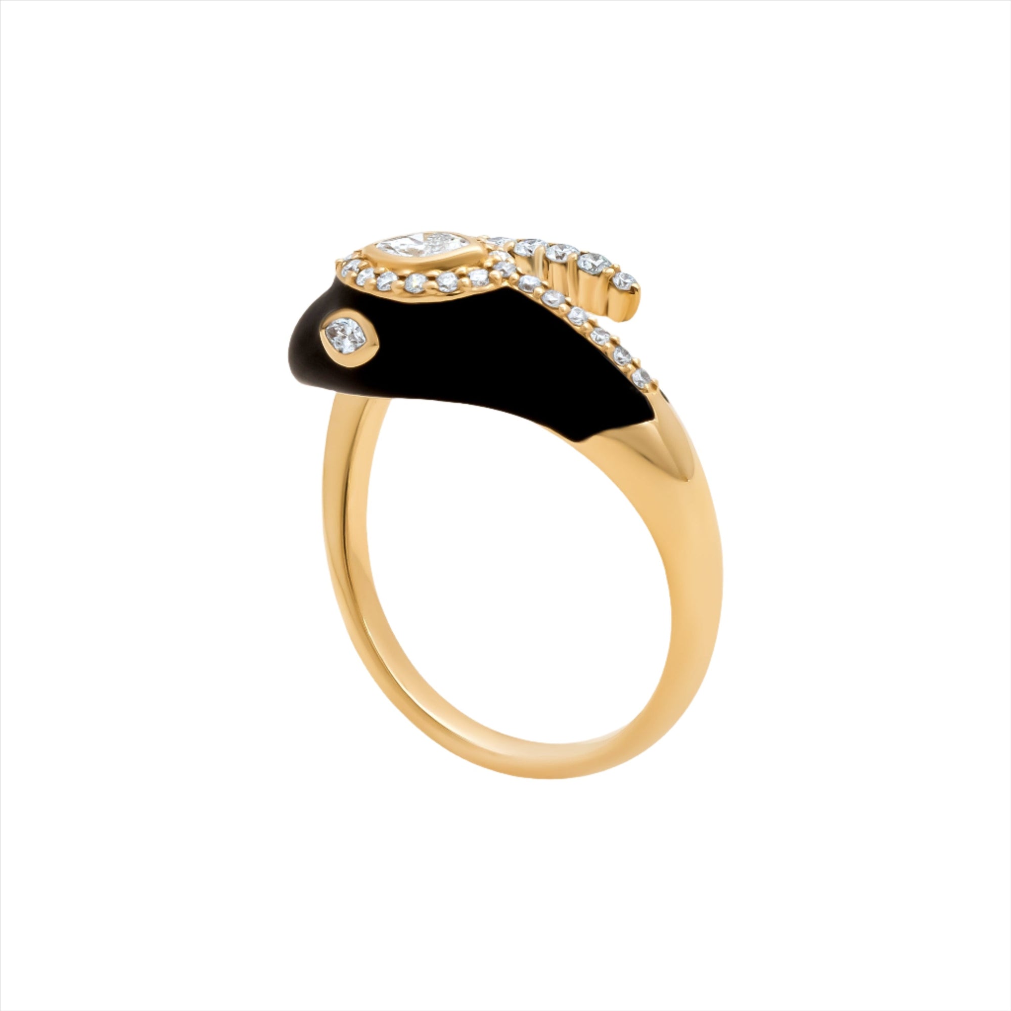 Captivating serpent ring crafted from 14K yellow gold and black enamel, featuring 0.35ct of G-H VS diamonds—an exotic and bold statement piece with luxurious edge.