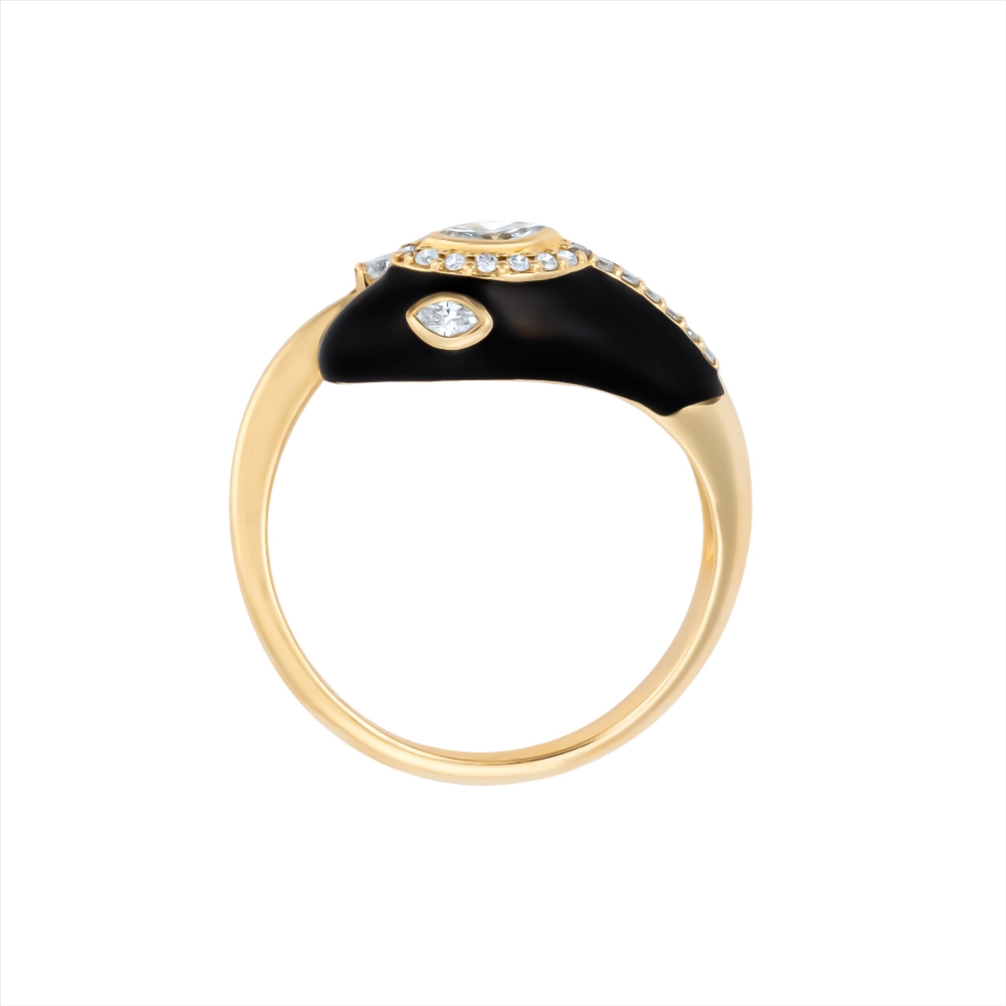 Captivating serpent ring crafted from 14K yellow gold and black enamel, featuring 0.35ct of G-H VS diamonds—an exotic and bold statement piece with luxurious edge.