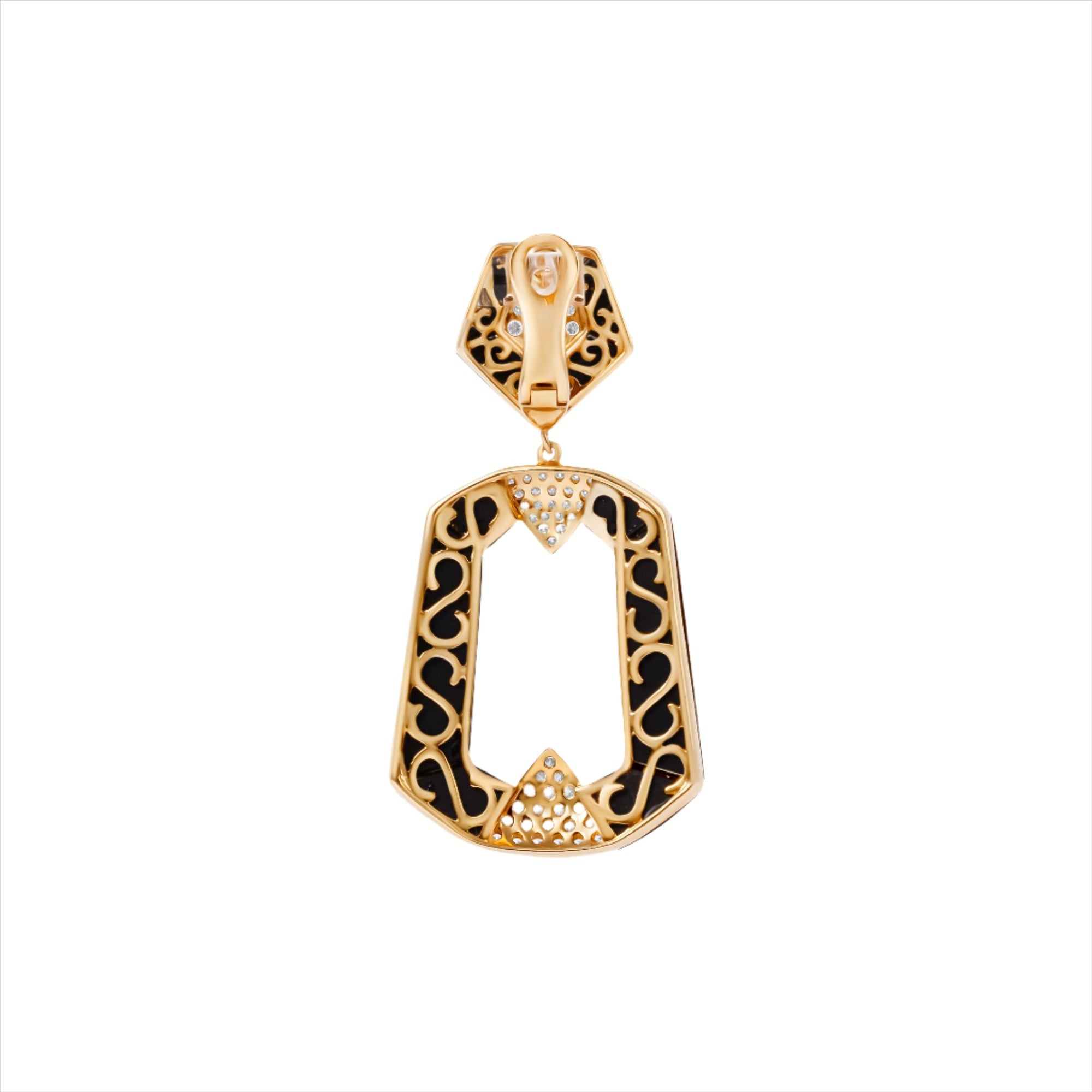 Striking 14K yellow gold earring featuring bold black onyx and sparkling diamond accents, offering a statement-making design with a total weight of 30.35g. Back view.