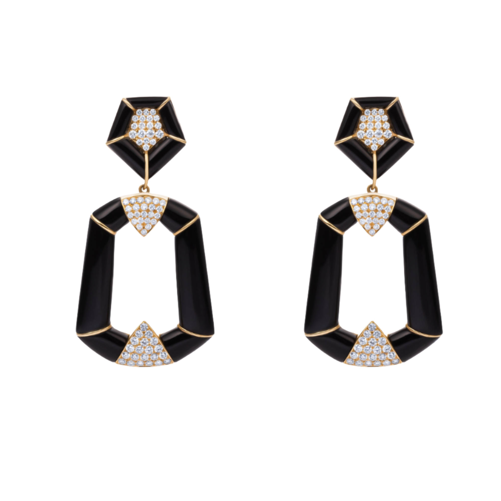 Striking 14K yellow gold earring featuring bold black onyx and sparkling diamond accents, offering a statement-making design with a total weight of 30.35g