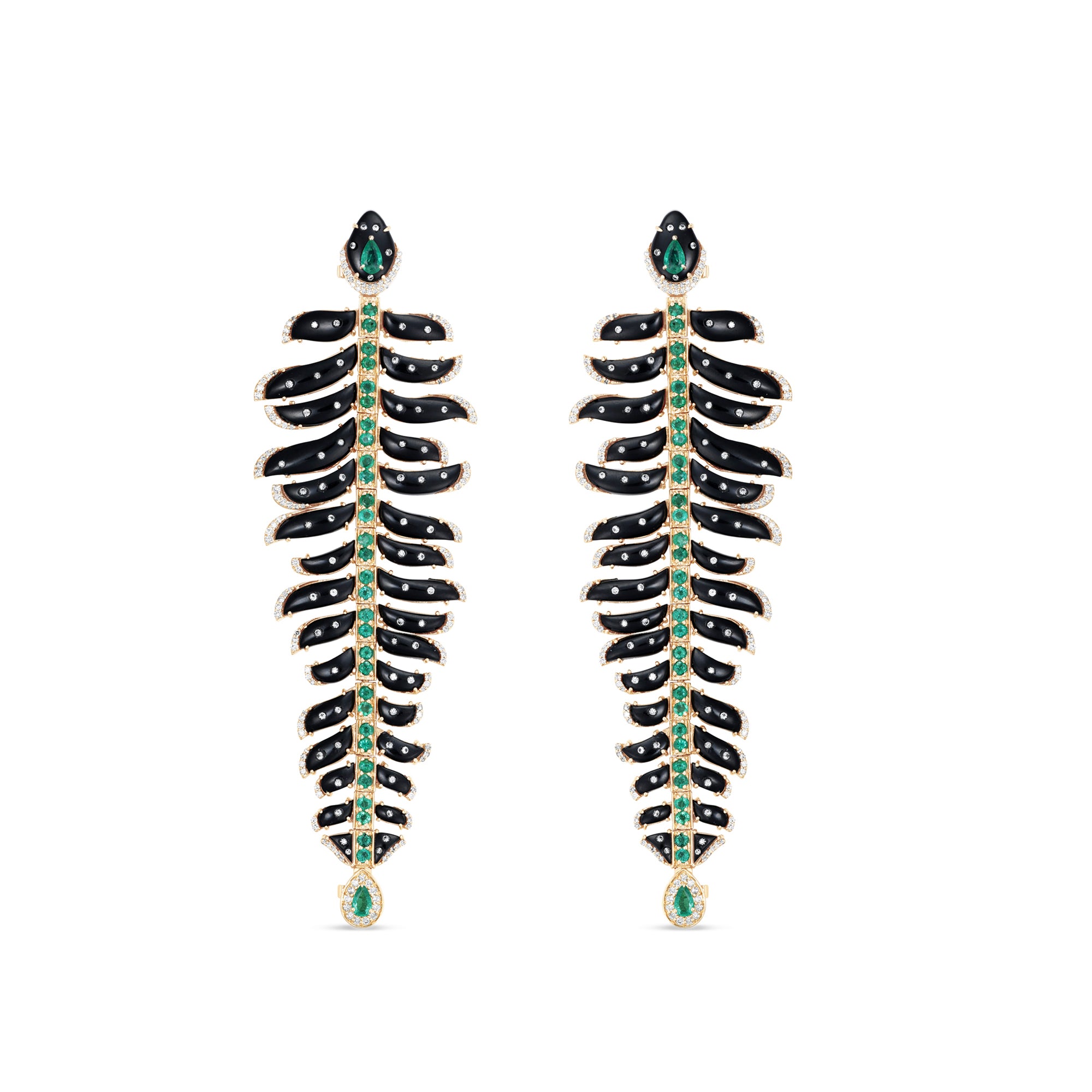 One-of-a-kind 14K yellow gold feather earrings featuring black onyx, emeralds, and diamonds, uniquely designed for versatility—wear as dramatic dangle earrings or convert into a striking feather bracelet paired with emerald studs. Shown as earrings. 