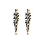One-of-a-kind 14K yellow gold feather earrings featuring black onyx, emeralds, and diamonds, uniquely designed for versatility—wear as dramatic dangle earrings or convert into a striking feather bracelet paired with emerald studs. Shown as earrings.