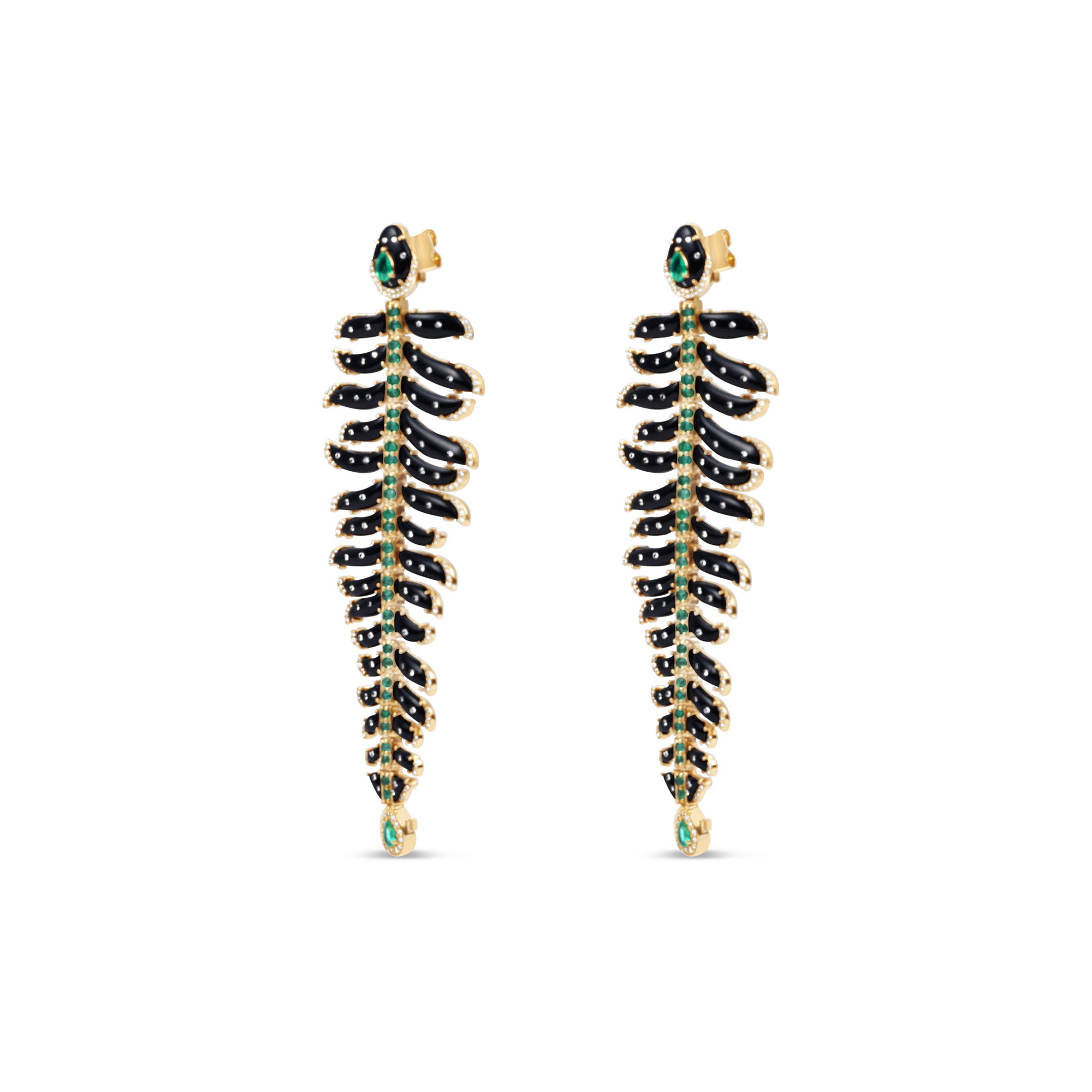 One-of-a-kind 14K yellow gold feather earrings featuring black onyx, emeralds, and diamonds, uniquely designed for versatility—wear as dramatic dangle earrings or convert into a striking feather bracelet paired with emerald studs. Shown as earrings.