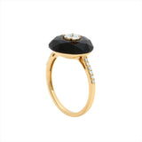 Chic 14K yellow gold ring featuring a 3.85ct hand-carved black onyx accented with 0.22ct of G-H VS diamonds, blending modern deco style with timeless elegance.
