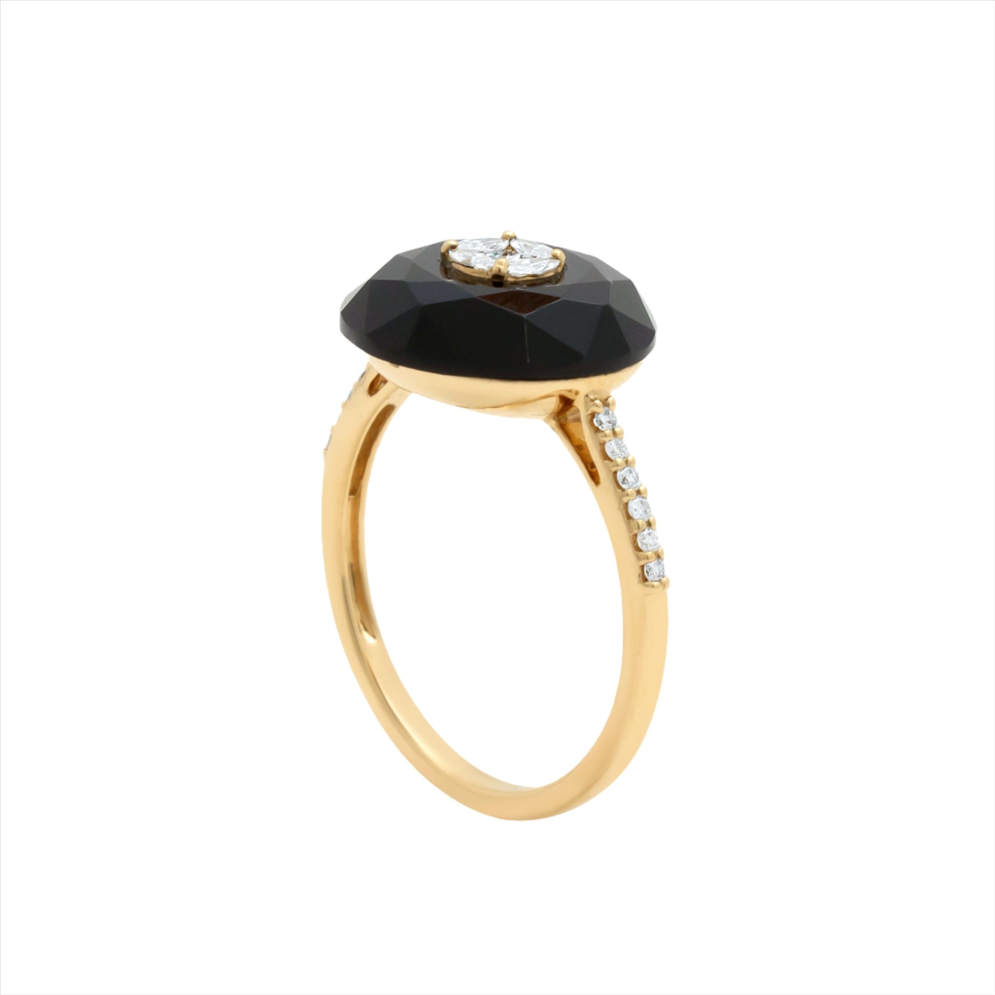 Chic 14K yellow gold ring featuring a 3.85ct hand-carved black onyx accented with 0.22ct of G-H VS diamonds, blending modern deco style with timeless elegance.