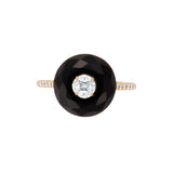 Chic 14K yellow gold ring featuring a 3.85ct hand-carved black onyx accented with 0.22ct of G-H VS diamonds, blending modern deco style with timeless elegance.