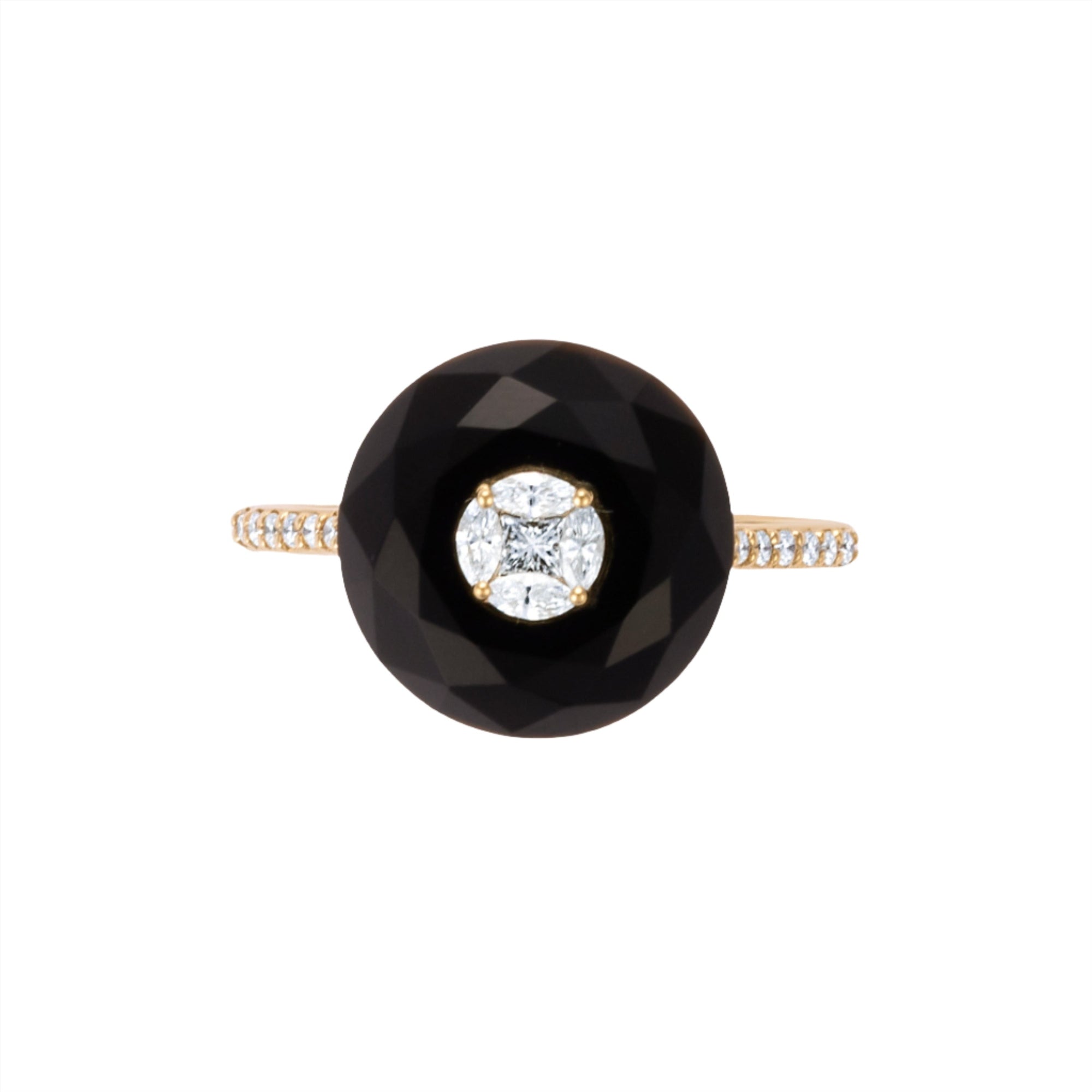 Chic 14K yellow gold ring featuring a 3.85ct hand-carved black onyx accented with 0.22ct of G-H VS diamonds, blending modern deco style with timeless elegance.