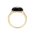 Chic 14K yellow gold ring featuring a 3.85ct hand-carved black onyx accented with 0.22ct of G-H VS diamonds, blending modern deco style with timeless elegance.