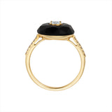 Chic 14K yellow gold ring featuring a 3.85ct hand-carved black onyx accented with 0.22ct of G-H VS diamonds, blending modern deco style with timeless elegance.
