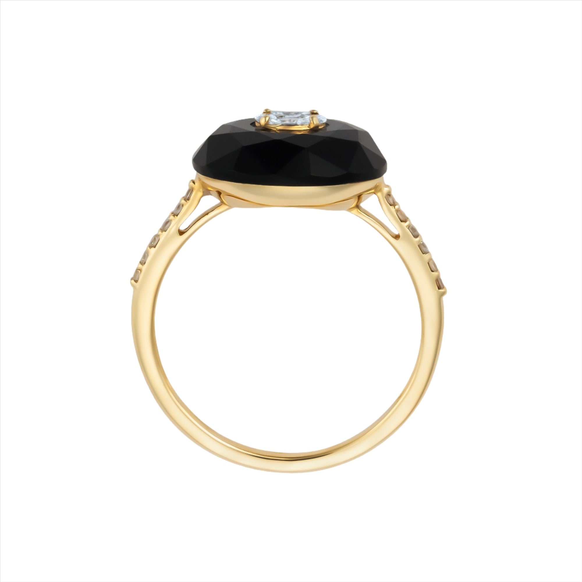 Chic 14K yellow gold ring featuring a 3.85ct hand-carved black onyx accented with 0.22ct of G-H VS diamonds, blending modern deco style with timeless elegance.