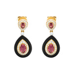 Statement 14K yellow gold teardrop earrings featuring radiant oval-cut pink tourmalines, brilliant diamond halos (0.63ct), and sleek black onyx drops, with a combined gemstone weight of 6.6ctw.