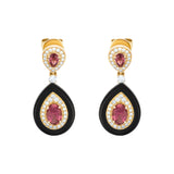 Statement 14K yellow gold teardrop earrings featuring radiant oval-cut pink tourmalines, brilliant diamond halos (0.63ct), and sleek black onyx drops, with a combined gemstone weight of 6.6ctw.