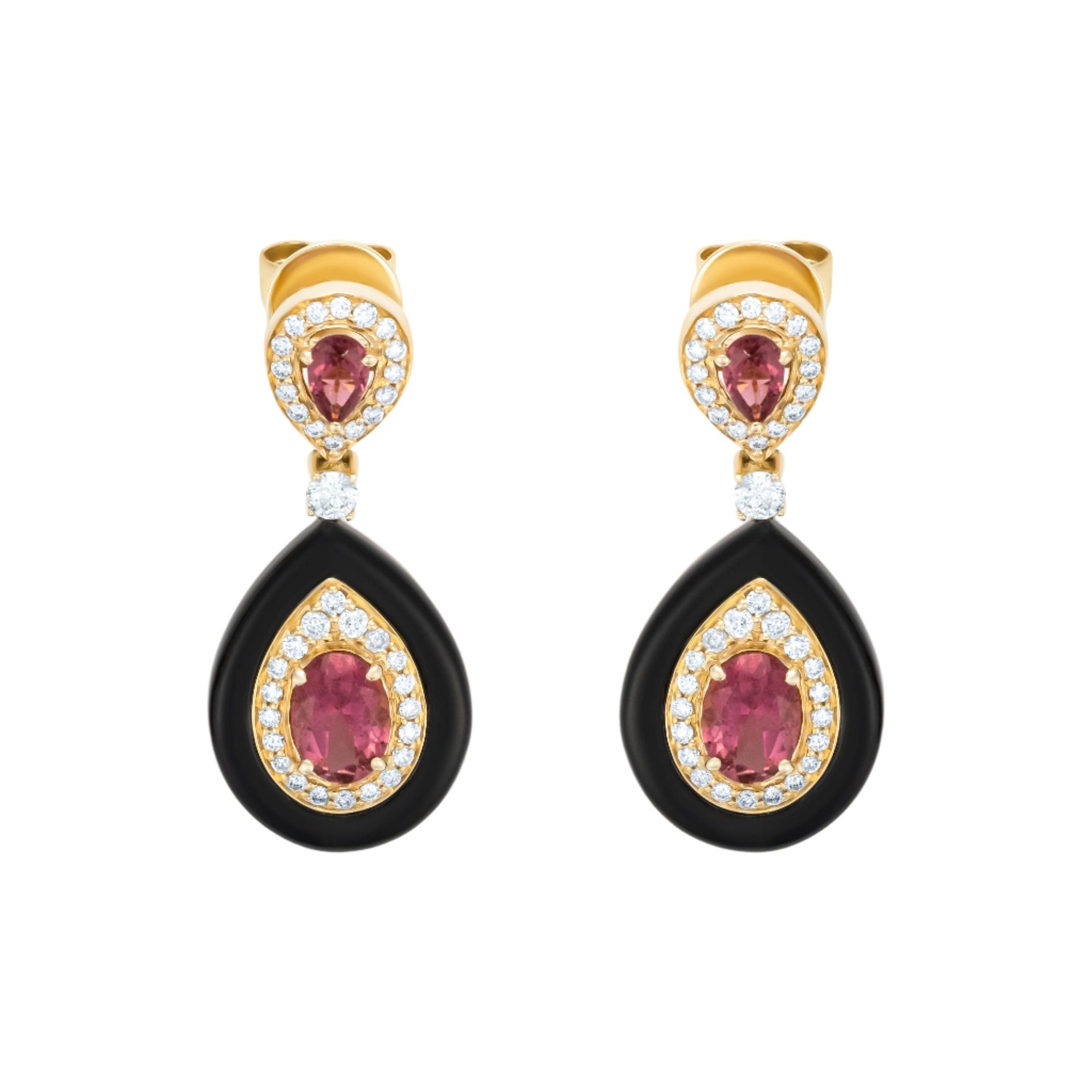 Statement 14K yellow gold teardrop earrings featuring radiant oval-cut pink tourmalines, brilliant diamond halos (0.63ct), and sleek black onyx drops, with a combined gemstone weight of 6.6ctw.