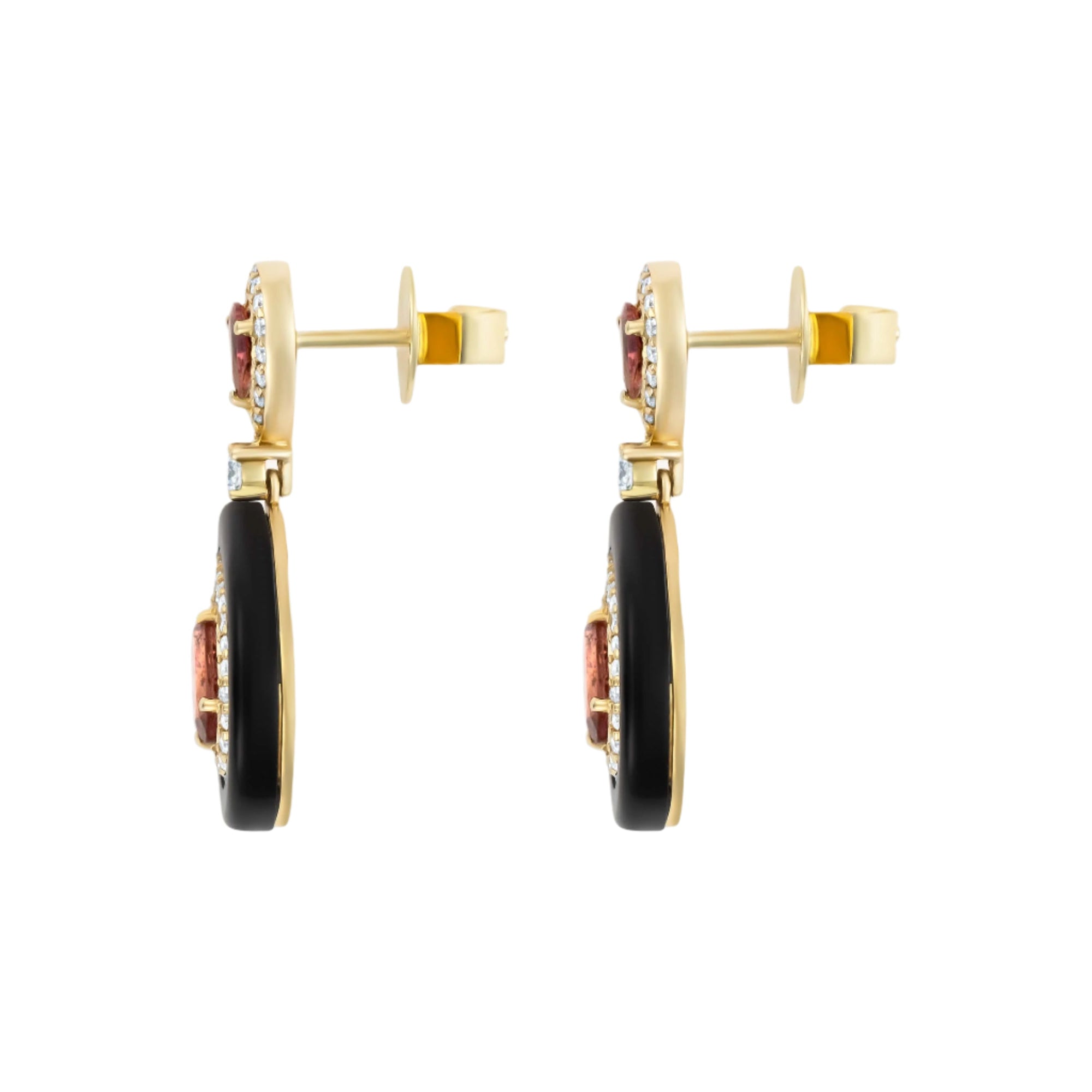 Statement 14K yellow gold teardrop earrings featuring radiant oval-cut pink tourmalines, brilliant diamond halos (0.63ct), and sleek black onyx drops, with a combined gemstone weight of 6.6ctw.