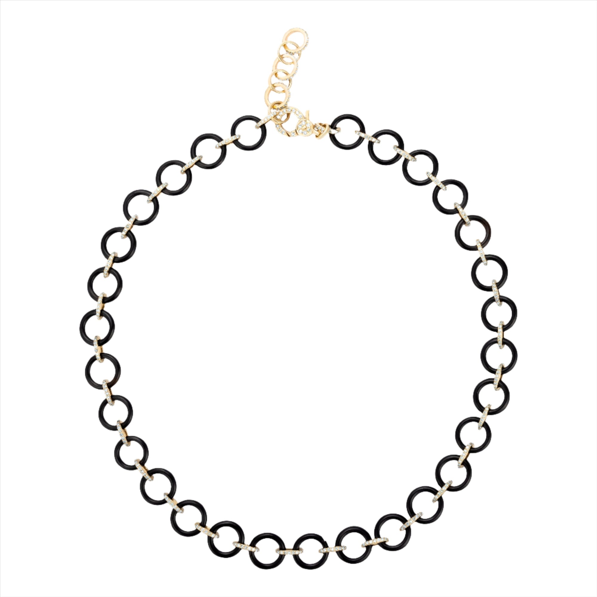 Striking 14K yellow gold chain necklace featuring bold black onyx links and pavé diamond-accented connectors, designed in a 17.5-inch length for an elegant statement look."