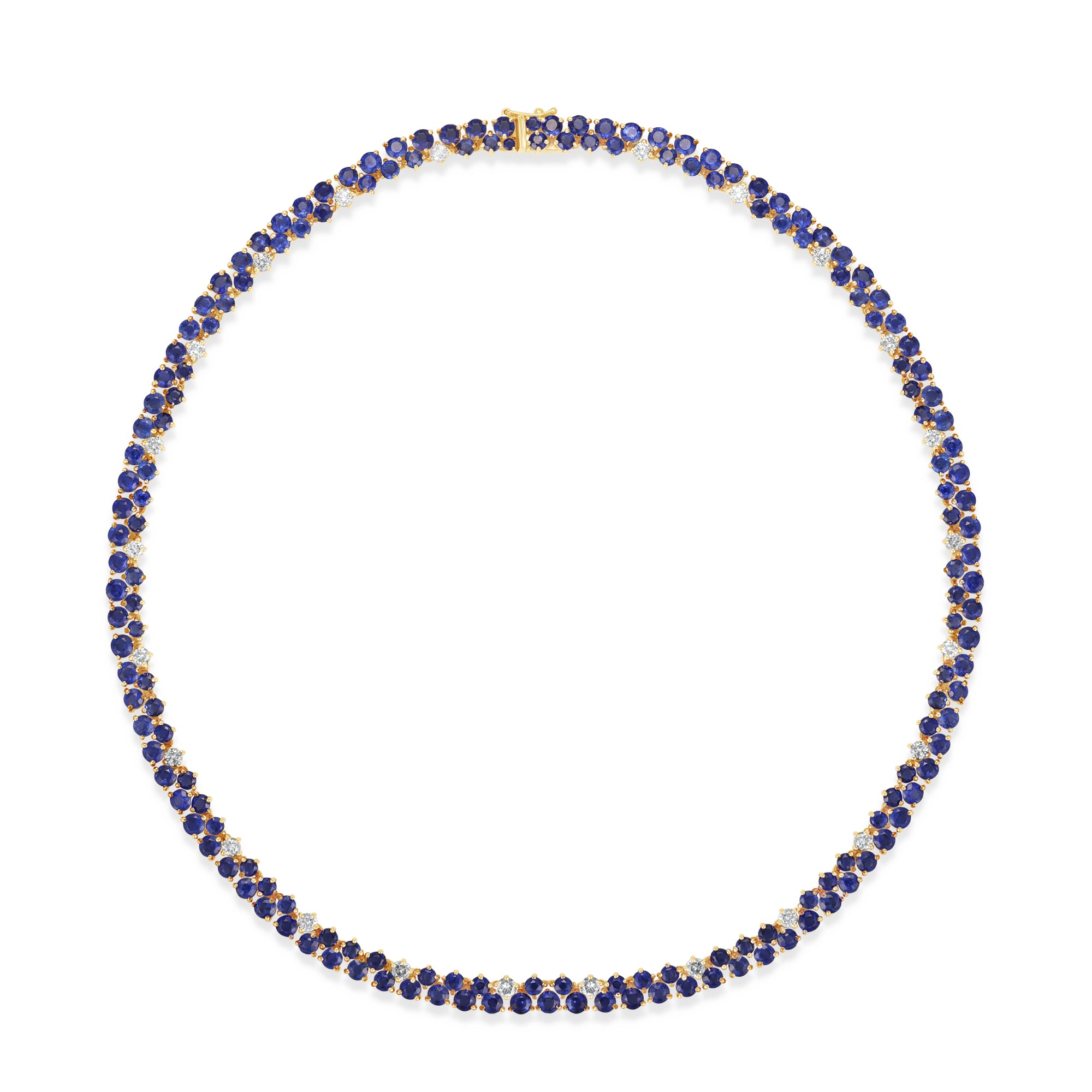 Elegant dual tennis necklace featuring deep blue sapphires and shimmering diamond accents, blending classic sophistication with modern luxury.