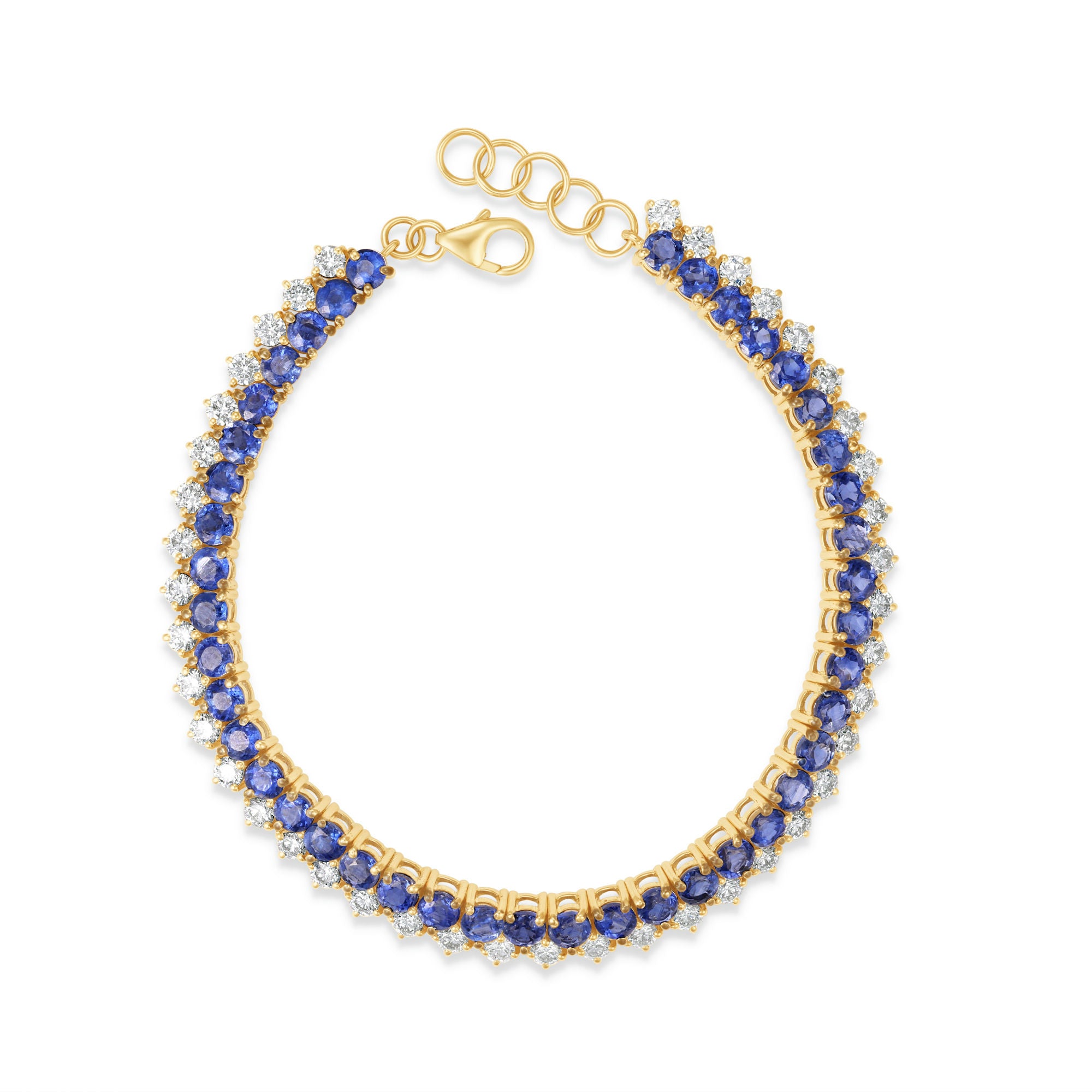 Elegant 14K yellow gold line bracelet featuring vibrant blue sapphires beautifully offset by shimmering diamonds, offering a timeless design that blends versatility with refined luxury. Top down view