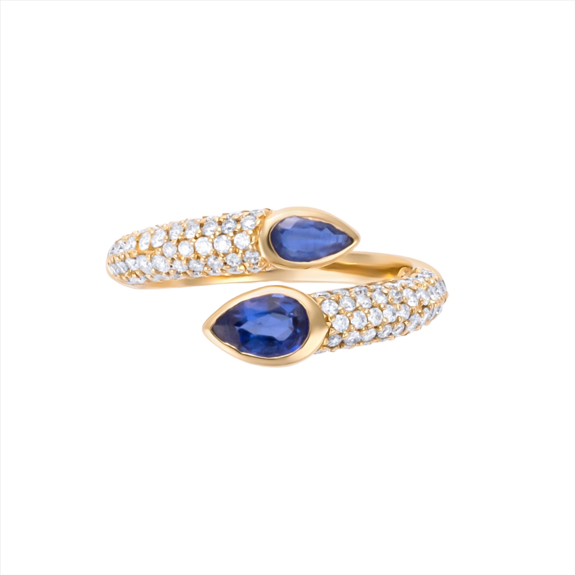 Elegant 14K yellow gold serpent-style bypass ring featuring two bezel-set pear-cut blue sapphires (0.735ct) and 0.482ct of G-H VS pavé diamonds, offering a bold and refined silhouette.