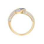 Elegant 14K yellow gold serpent-style bypass ring featuring two bezel-set pear-cut blue sapphires (0.735ct) and 0.482ct of G-H VS pavé diamonds, offering a bold and refined silhouette.