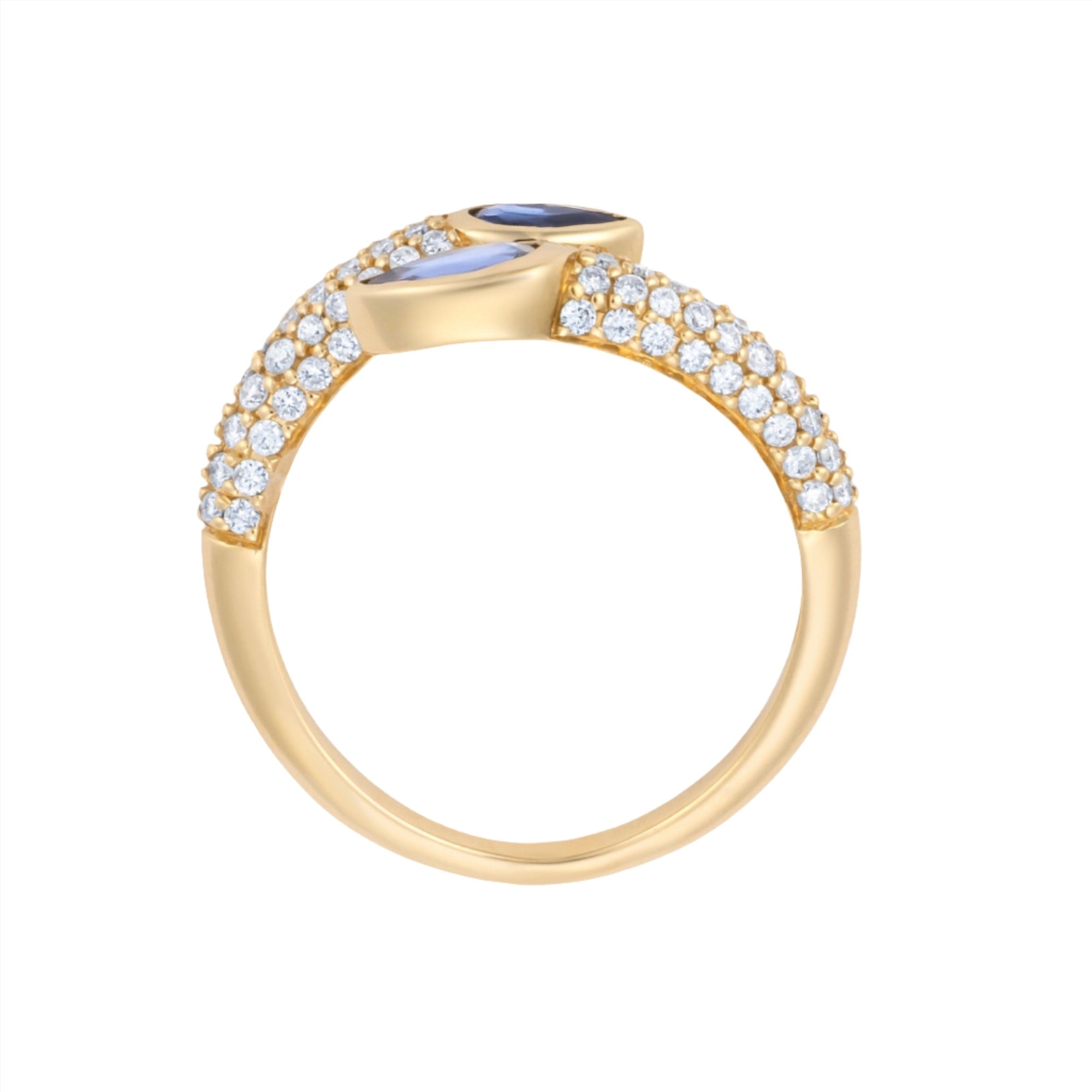 Elegant 14K yellow gold serpent-style bypass ring featuring two bezel-set pear-cut blue sapphires (0.735ct) and 0.482ct of G-H VS pavé diamonds, offering a bold and refined silhouette.