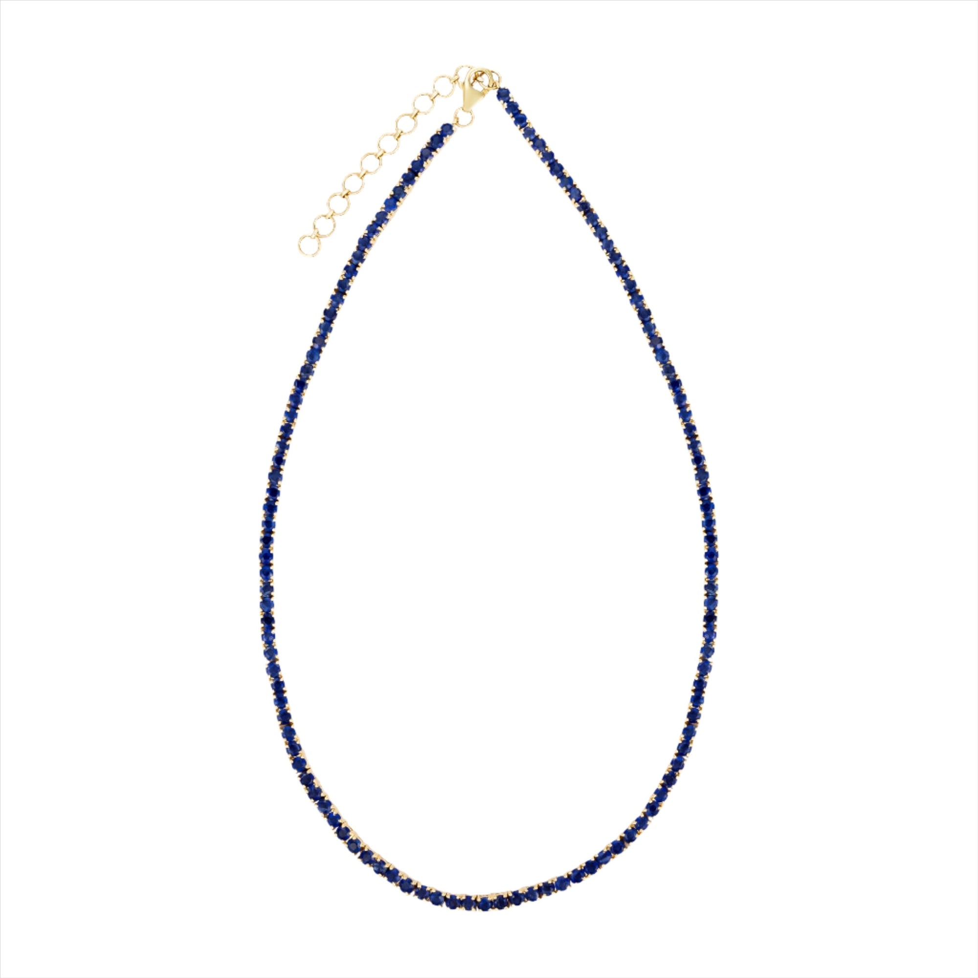 Striking 14K yellow gold adjustable tennis necklace featuring 37.88ct of vibrant blue sapphires, with a total weight of 21.55g—an eye-catching and luxurious gemstone statement piece.