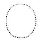 Elegant 14K yellow gold necklace featuring 11.19ct of vivid blue tanzanite and 0.98ct of round diamonds in bezel settings, with a total weight of 21.17g and a 44cm length—sophisticated and vibrant.