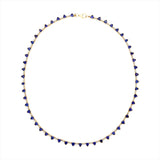 Elegant 14K yellow gold necklace featuring 11.19ct of vivid blue tanzanite and 0.98ct of round diamonds in bezel settings, with a total weight of 21.17g and a 44cm length—sophisticated and vibrant.