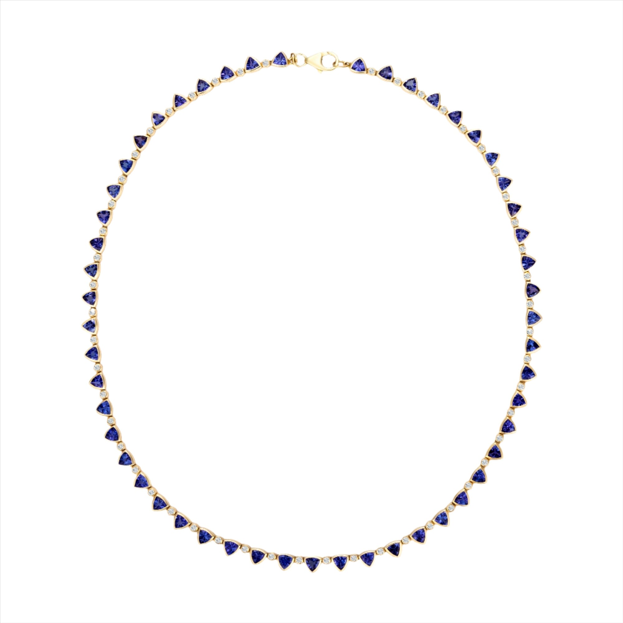 Elegant 14K yellow gold necklace featuring 11.19ct of vivid blue tanzanite and 0.98ct of round diamonds in bezel settings, with a total weight of 21.17g and a 44cm length—sophisticated and vibrant.