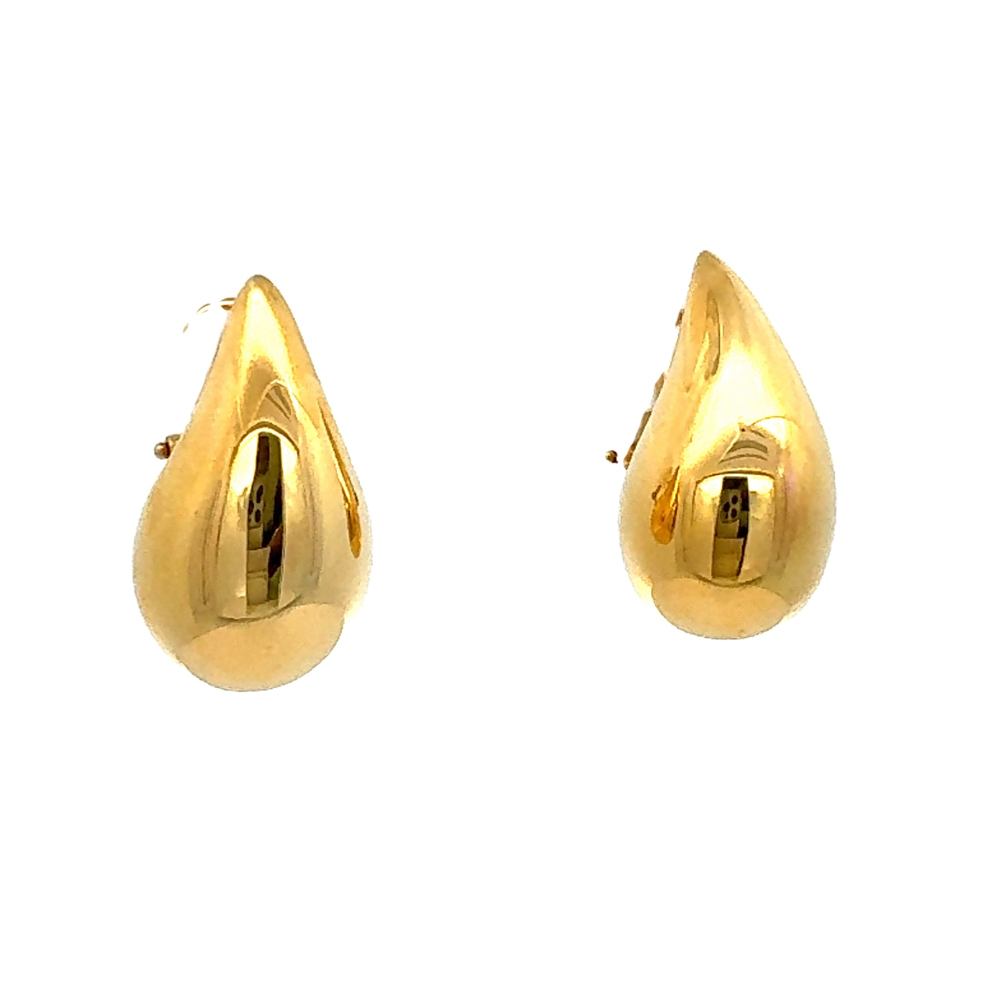 Striking 14K yellow gold teardrop earrings with a bold, oversized silhouette, crafted in semi-hollow gold for a lightweight yet statement-making design. Close up.