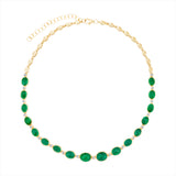 Stunning 14K yellow gold necklace featuring 28.07ct of graduated cabochon emeralds and 1.17ct of round diamonds, finished with oval gold beads and an adjustable chain from 16 to 18 inches. Total weight: 24g. Not eligible for holiday promotion.