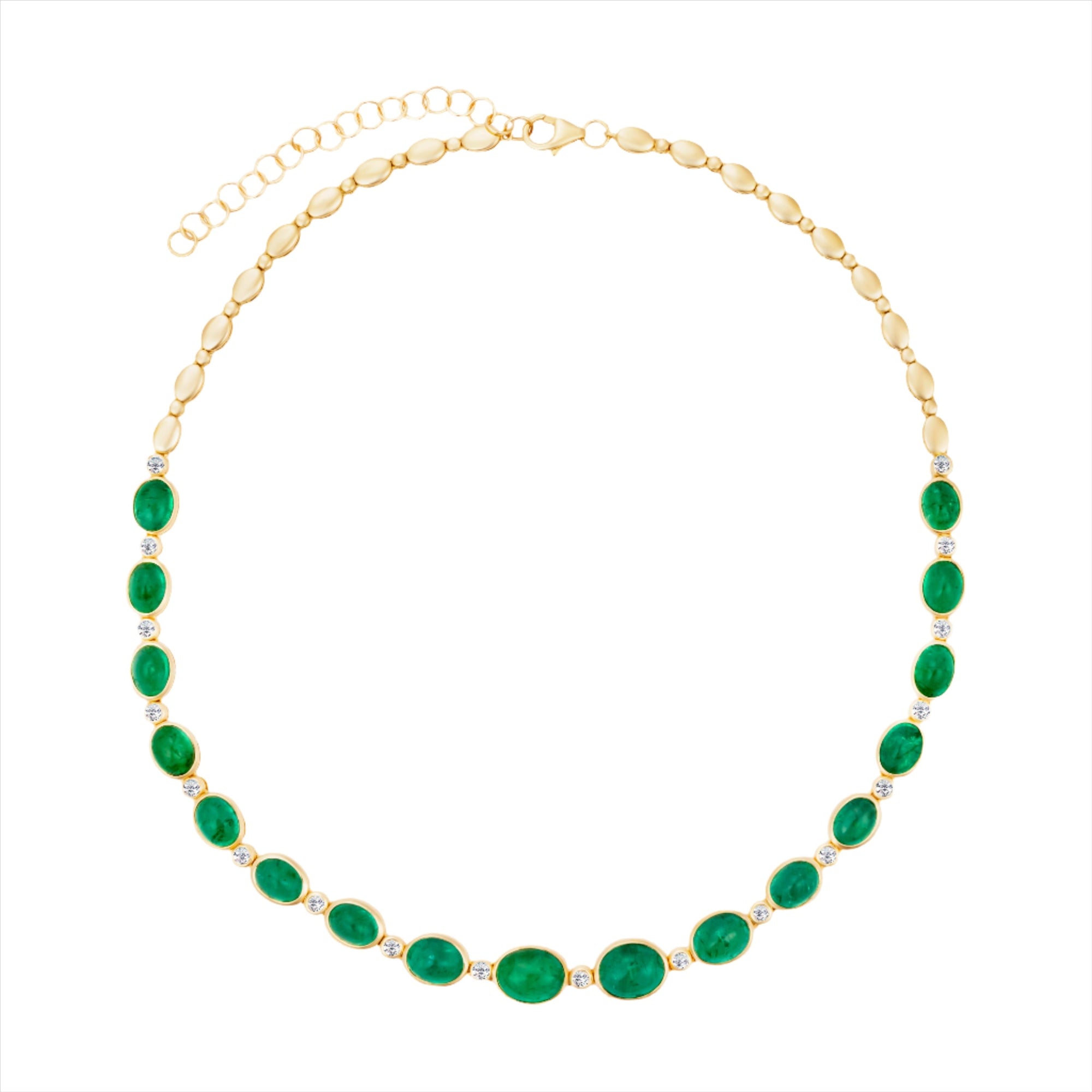 Stunning 14K yellow gold necklace featuring 28.07ct of graduated cabochon emeralds and 1.17ct of round diamonds, finished with oval gold beads and an adjustable chain from 16 to 18 inches. Total weight: 24g. Not eligible for holiday promotion.