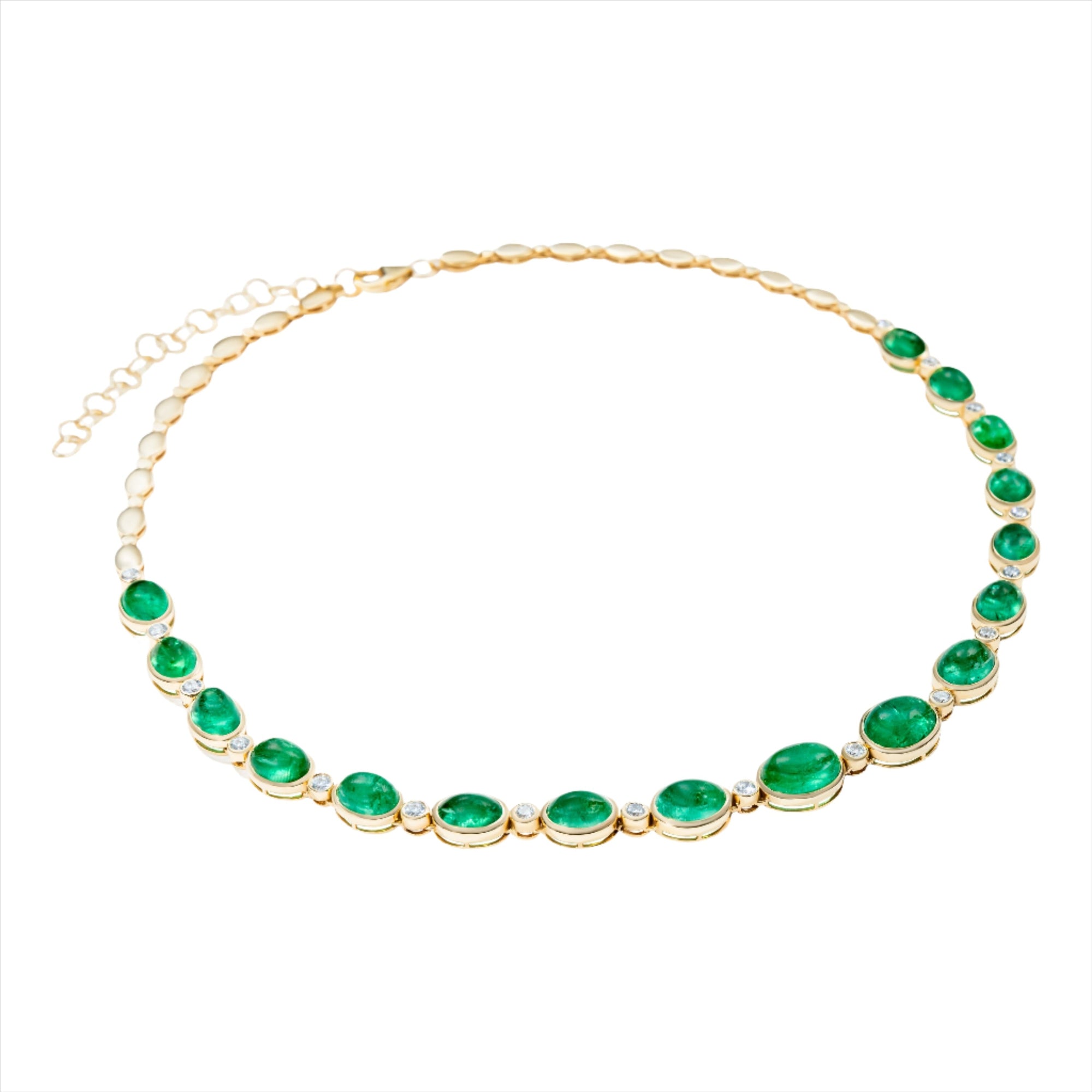 Stunning 14K yellow gold necklace featuring 28.07ct of graduated cabochon emeralds and 1.17ct of round diamonds, finished with oval gold beads and an adjustable chain from 16 to 18 inches. Total weight: 24g. Not eligible for holiday promotion.