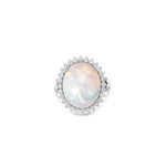  18K white gold ring features a mesmerizing cabochon white opal, beautifully framed by a halo of modified prong-set diamonds front facing