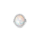  18K white gold ring features a mesmerizing cabochon white opal, beautifully framed by a halo of modified prong-set diamonds front facing
