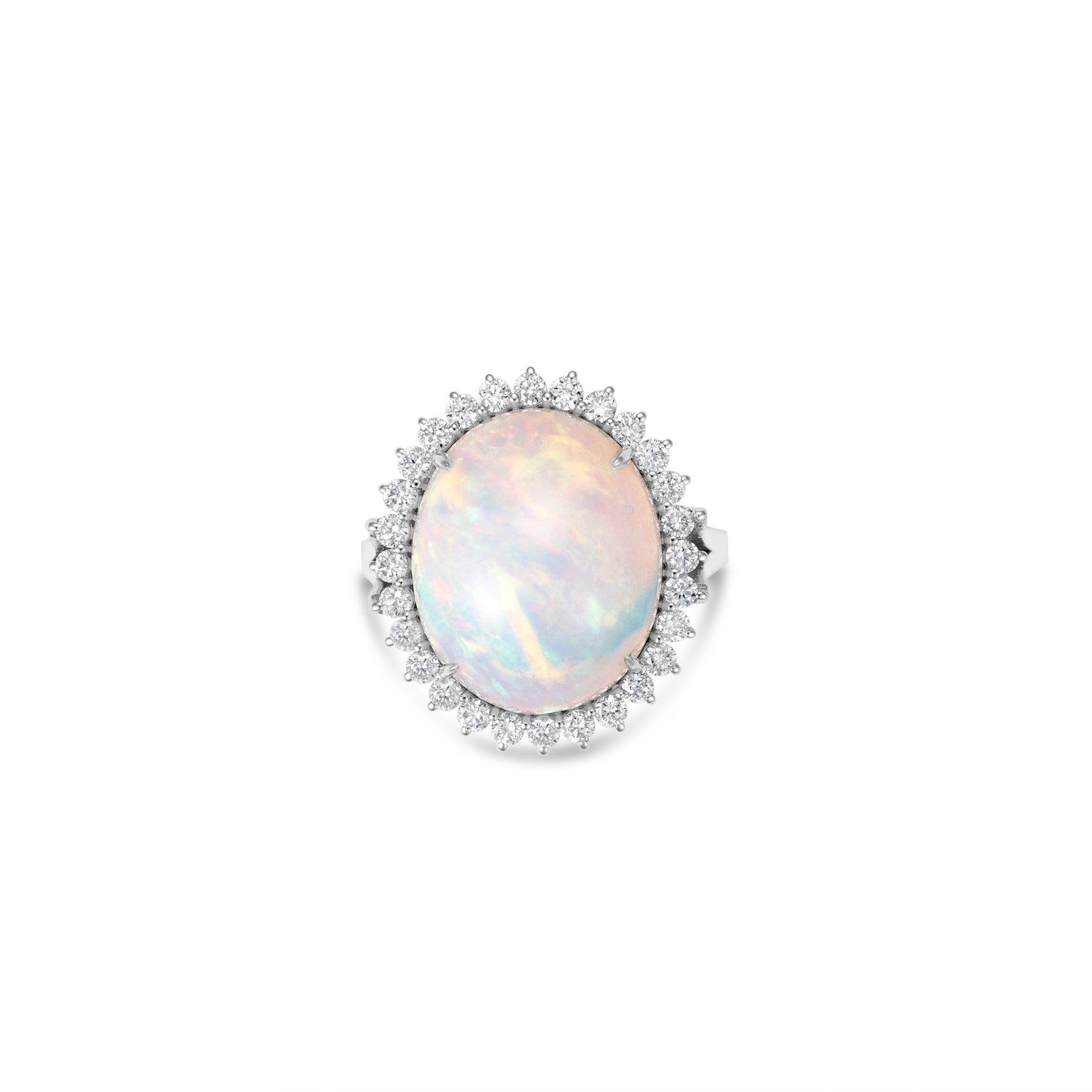  18K white gold ring features a mesmerizing cabochon white opal, beautifully framed by a halo of modified prong-set diamonds front facing