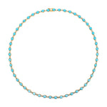 Striking 14K yellow gold necklace featuring 30.5ct of smooth cabochon turquoise and 4.45ct of round brilliant diamonds, with a total weight of 19.89g—a bold and vibrant statement piece.