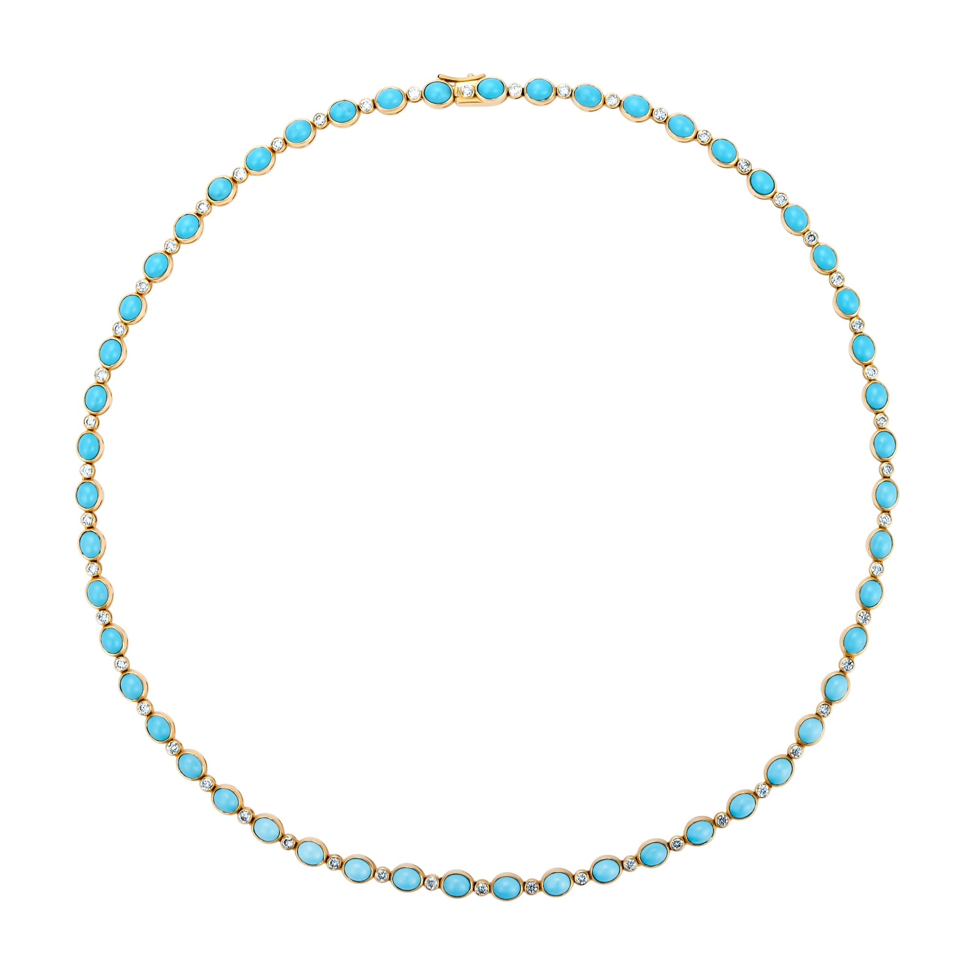 Striking 14K yellow gold necklace featuring 30.5ct of smooth cabochon turquoise and 4.45ct of round brilliant diamonds, with a total weight of 19.89g—a bold and vibrant statement piece.
