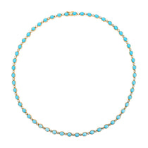 Striking 14K yellow gold necklace featuring 30.5ct of smooth cabochon turquoise and 4.45ct of round brilliant diamonds, with a total weight of 19.89g—a bold and vibrant statement piece.