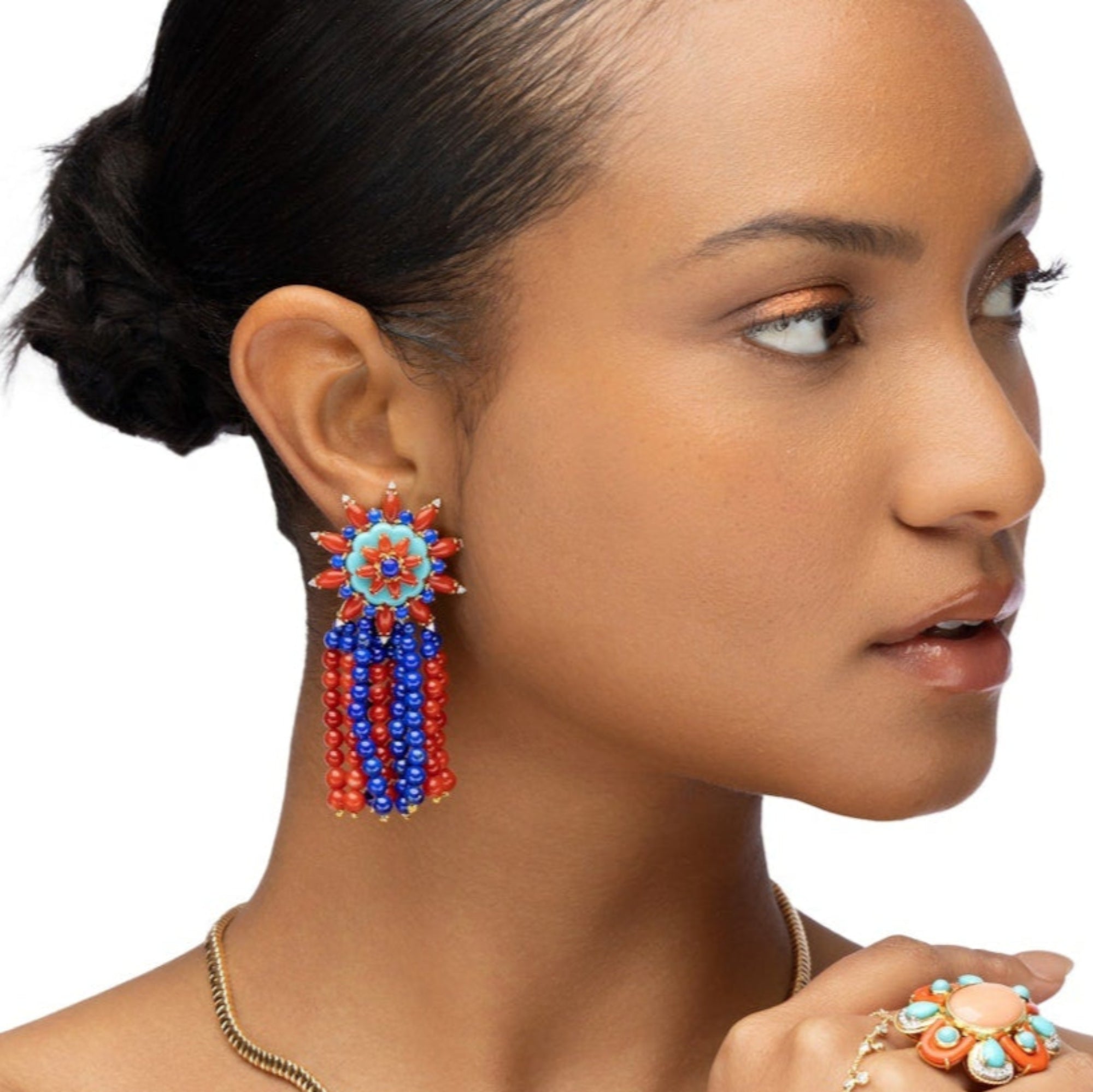 Bold 18K yellow gold beaded drop earrings featuring a dynamic mix of lapis, red coral, turquoise, and sparkling diamonds, offering a playful yet luxurious statement of high-end craftsmanship and color.